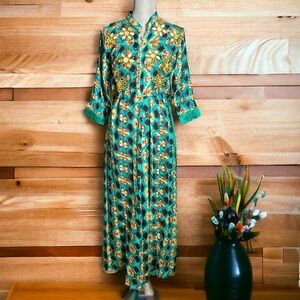 Fashor Turquoise, Brown, Tan, Mirrors and beaded emblishmed Print Maxi Dress